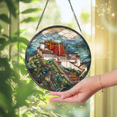 Potala Palace Stained Glass Suncatcher, Round Tibetan Landmark Mountain Window Panel, Travel Architecture Glass Art Home Decor Gift